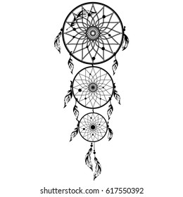 Hand drawn Native American Indian talisman dreamcatcher with feathers and moon. Vector hipster illustration isolated on white. Ethnic design, boho chic, tribal symbol. Coloring book for adults.