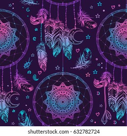 Hand drawn Native American Indian talisman dreamcatcher with feathers and moon. Seamless pattern. Vector hipster illustration. Ethnic design, boho chic, tribal symbol. Good fabric, textile, walpaper