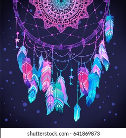 Hand drawn Native American Indian talisman dream catcher with feathers. Vector hipster colorful gradient  illustration isolated on black. Ethnic design, bohemian chic, tribal symbol. 