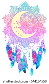  Hand drawn Native American Indian talisman dreamcatcher with feathers, moon. Vector hipster illustration isolated on white. Ethnic design, boho chic, Blackwork tattoo flash. Coloring book for adults 