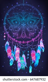 Hand drawn Native American Indian talisman dream catcher with feathers. Vector hipster colorful gradient  illustration isolated on black. Ethnic design, bohemian chic, tribal symbol. 