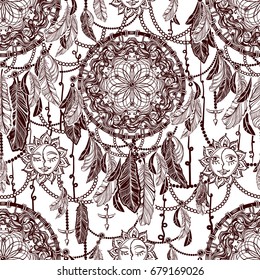 Hand drawn Native American Indian ornament with feathers and Dreamcatcher. Ethnic folk elements, tribal seamless background. Wallpaper in Boho style.