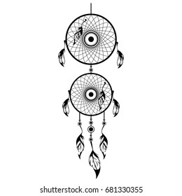 Hand drawn Native American Indian talisman dreamcatcher with feathers and moon. Vector hipster illustration isolated on white. Ethnic design, boho chic, tribal symbol. 