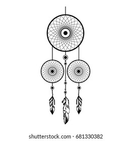 Hand drawn Native American Indian talisman dreamcatcher with feathers and moon. Vector hipster illustration isolated on white. Ethnic design, boho chic, tribal symbol. 