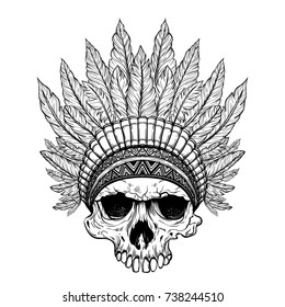 Hand Drawn Native American Indian Headdress With Human Skull. Vector Illustration Of Indian Tribal Chief Feather Hat And Skull