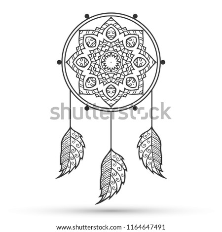  Hand drawn native American Indian symbol talisman dream catcher with doodle feathers and mandala moon, sketch lined, black icon. Logo design for business branding and web. Tribal ethnic, boho sign