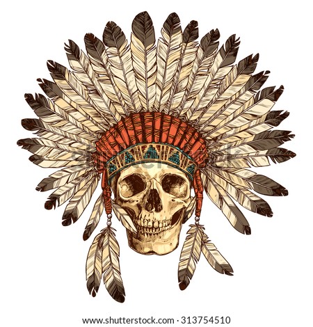 Hand Drawn Native American Indian Headdress With Human Skull. Vector Color Illustration Of Indian Tribal Chief Feather Hat And Skull