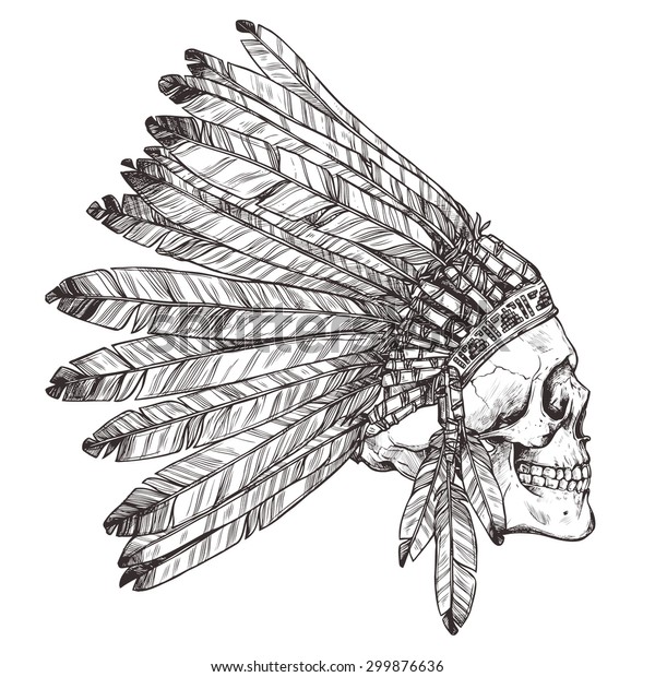 人間の頭蓋骨を横顔にした手描きのアメリカ原産のインド人の頭飾り インドの部族の主な羽の帽子と頭蓋骨の側面図のベクター画像モノクロイラスト のベクター画像素材 ロイヤリティフリー