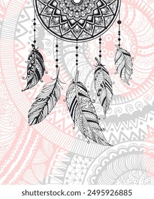 Hand drawn Native dream catcher circle. Vector hipster illustration isolated on colorful seamless circles background