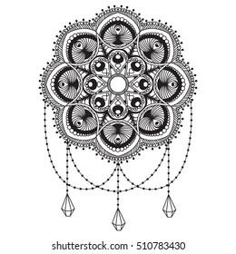 Hand drawn Native Indian mandala. Decorated with pendants and jewels. Zendoodle coloring book page. Ethnic design, boho chic, tribal symbol. Vector illustration on white background