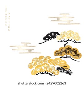  Hand drawn natural background in Japanese style. Pine tree and bonsai logo design in vintage style. Gold and black watercolor texture.