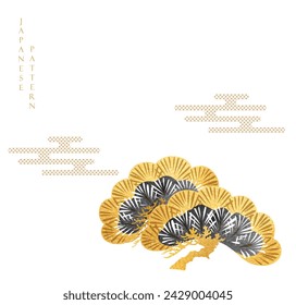 Hand drawn natural background in Japanese style. Pine tree and bonsai logo design in vintage style. Gold and black watercolor texture.