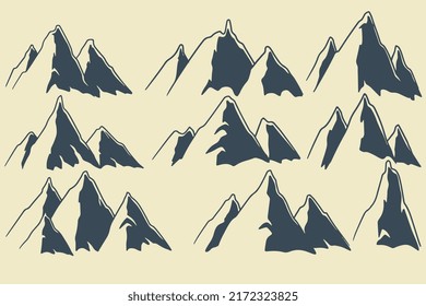 hand drawn natural decoration set of nine big mountain sketch illustration isolated on white background.