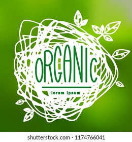 Hand Drawn Natural Eco Bio Product Label or Round Ecology Banner. Sketched Vector Illustrations on Abstract Green Blurred Background with Natural Organic Badge or Sale Tag
