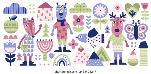 Hand drawn natural elements and cute animals characters in scandinavian style vector illustration. Funny wild creature, insects and birds childish print design. Doodle baby fox, bear, deer mascot