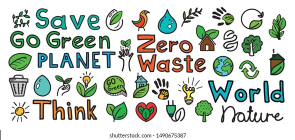 Hand drawn natural go green doodle icons. Vector eco nature icon collection, drawing illustration