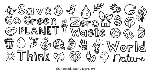 Hand drawn natural go green doodle icons. Vector eco nature icon collection, drawing illustration