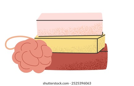 Hand drawn Natural Handmade Bars of solid soap and body brush. Eco product bath, body skin care. Vector illustration