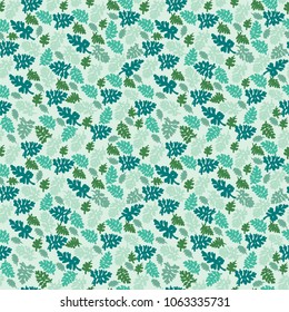  Hand drawn natural leaves pattern texture element on green background. Tropical leaves seamless vector wallpaper. Fashionable foliage, Exotic leaves, tropical  herb seamless background.