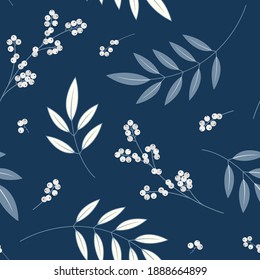 Hand drawn natural pastel blue seamless pattern with white berries and leaves in vintage style