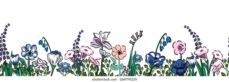 Hand drawn natural realistic flowers on the white background. Seamless vivid line horizontal floral pattern flat border vector pattern