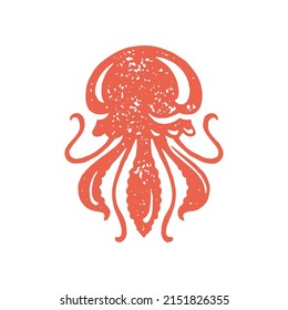 Hand drawn natural red jellyfish dangerous nautical animal with poison grunge texture vector illustration. Minimalist floating deep water underwater mollusk aquatic tropical medusa ocean life isolated