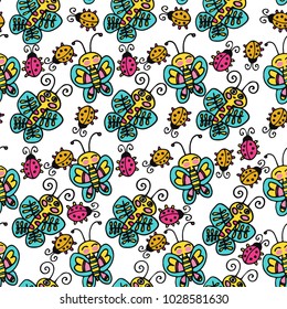 Hand drawn natural seamless pattern with cute insects. Vector spring background for valentine's day, wedding, greeting card, prints. Cartoon doodle background.