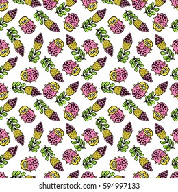 Hand drawn natural seamless pattern with cute flowers and insects. Vector spring background for valentine's day, wedding, greeting card, prints. Cartoon doodle background.