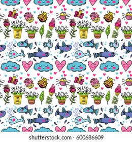 Hand drawn natural seamless pattern with cute flowers, fish, clouds, hearts, insects. Vector spring background for valentine's day, wedding, greeting card, prints. Cartoon doodle background.