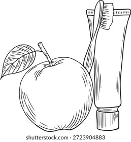 Handgezeichnete natürliche Zahnpasta mit Apfel, Linie Art Illustration