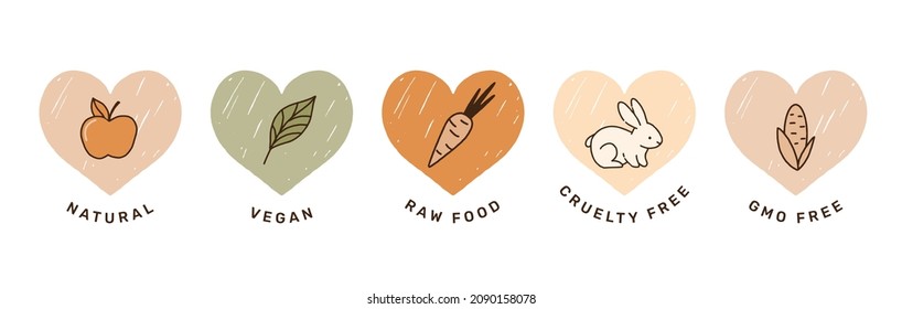 Hand drawn natural, vegan, Gmo free icons, stickers