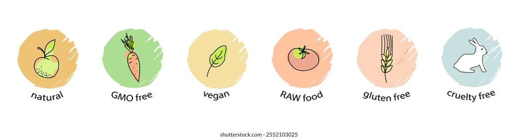 Hand drawn natural, vegan, Gmo free icons, stickers vector design.