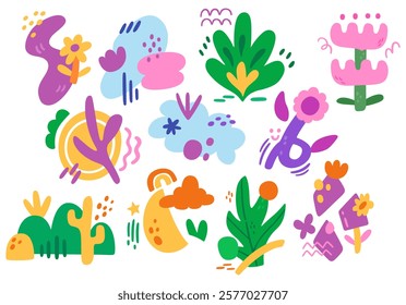 Hand drawn nature and abstract colorful element collection. Unusual spring color shapes with doodle and modern style.