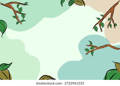 Fondo de la naturaleza dibujado a mano con ramas de árbol y hojas verdes que forman un marco decorativo. Formas orgánicas suaves ideales para temas ecológicos, invitaciones, carteles, bienestar y diseños naturales.