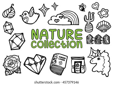 Hand drawn nature collection on white background. Doodle vector illustration for coloring book.