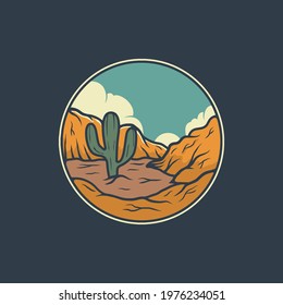 Hand drawn nature in desert with cactus and mountain emblem vintage illustration