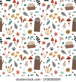 Hand drawn nature elements seamless pattern. Scandinavian style woodland plants, flowers, herb, tree stumps, mushrooms. Forest meadow vector background. Cartoon botanical wrapping paper print design