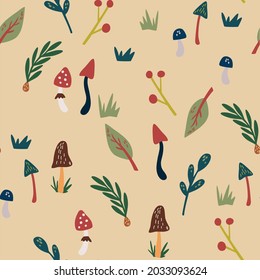 Hand drawn nature elements seamless pattern. Forest items, mushrooms, twigs, grass and cones. Scandinavian style woodland plants. Cartoon botanical wrapping paper print design