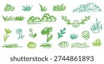 Hand drawn nature elements set. Green crayon grass, bushes, flowers and stones. Vector sketch illustration for kids drawing and spring design