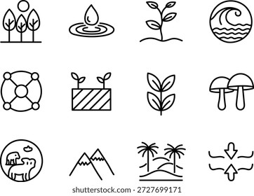 Hand drawn nature and environment line icons set for ecology sustainability and natural elements