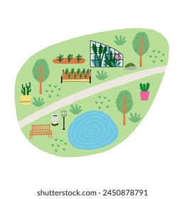 Hand Drawn Nature Garden Greenery Map. Botanical Vector illustration  