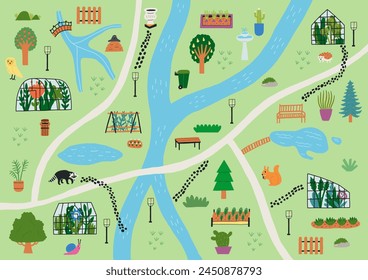 Mapa Horizontal de la vegetación del jardín de la Naturaleza dibujada a mano con el camino y el lago. Ilustración vectorial botánica