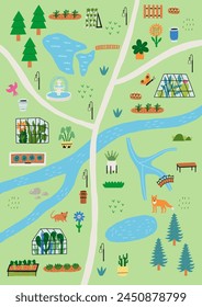 Hand Drawn Nature Garden Greenery Vertical Map with Road and Lake.  Botanical Vector illustration