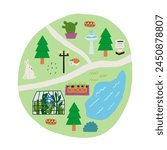 Hand Drawn Nature Garden Mini Map. Botanical Vector illustration 