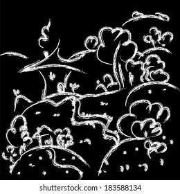 Hand drawn nature and houses on the black background