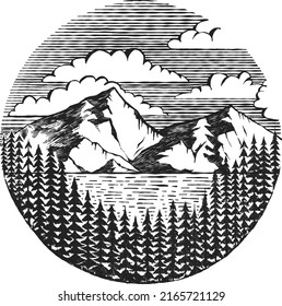 Hand Drawn Nature, Landscape, Lake, Pines vector illustrations for tattoo, phone case, t-shirt design