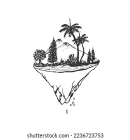 Hand drawn nature landscape on floating piece of land drawing illustration. Mountains with different kind of tree, palm tree, pine tree, bushes pen rough sketch drawing vector concept fantasy art.