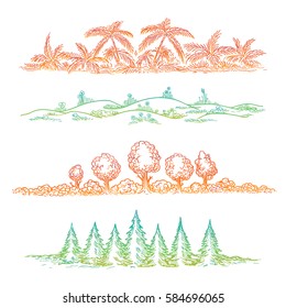 Hand drawn nature landscape with tree palms flovers and fir tree. Vector colorful landscape borders