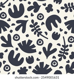 Hand drawn nature organic seamless pattern. Vector minimalistic groovy plant shapes print. Trendy abstract naive monochrome background for wrapping paper, boho style design, fabric, textile, decor.
