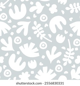Hand drawn nature organic seamless pattern. Vector minimalistic groovy plant shapes print. Trendy abstract naive Scandinavian grey background for wrapping paper, boho style design, fabric, textile.
